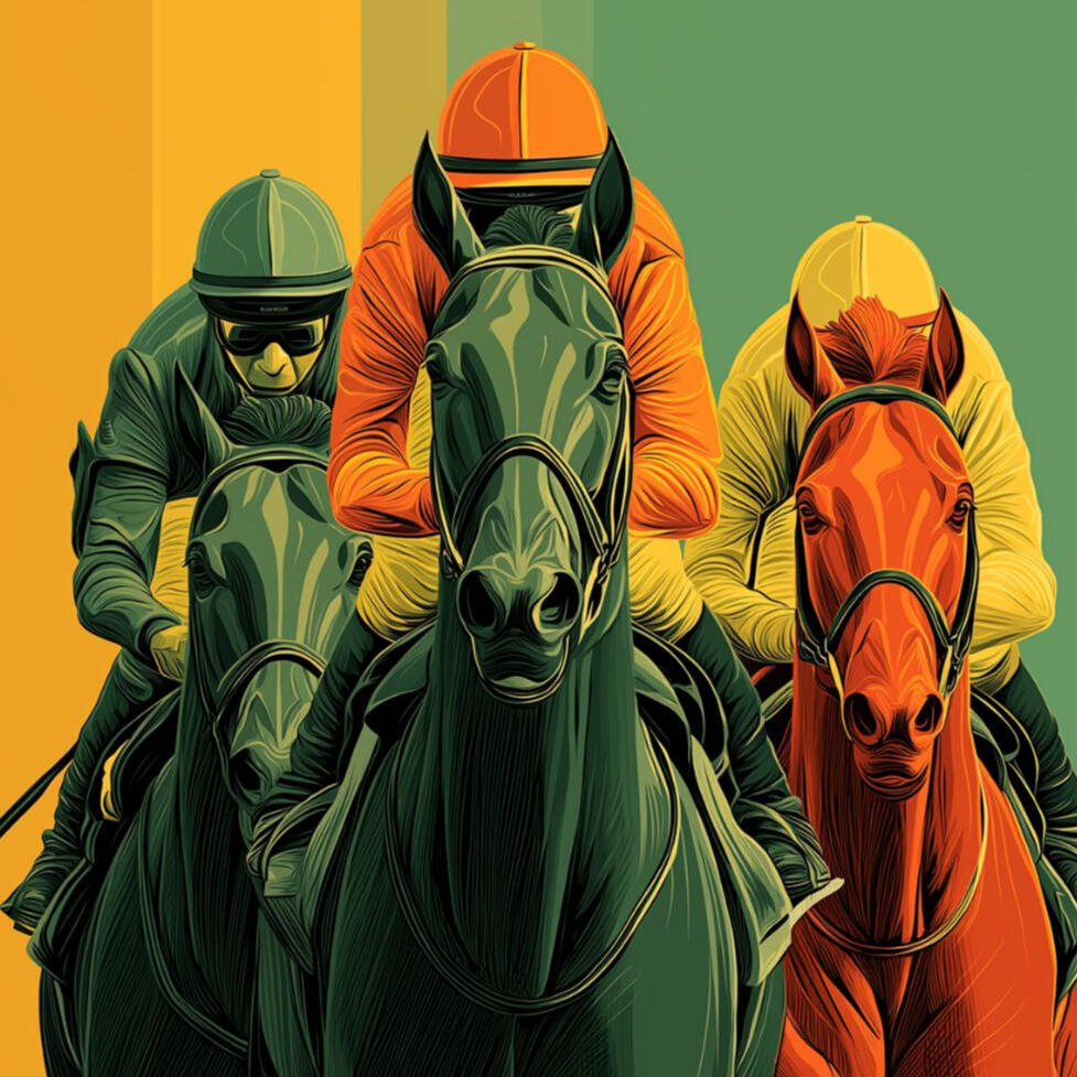 A group of three horses racing in a Japanese Steeplechase